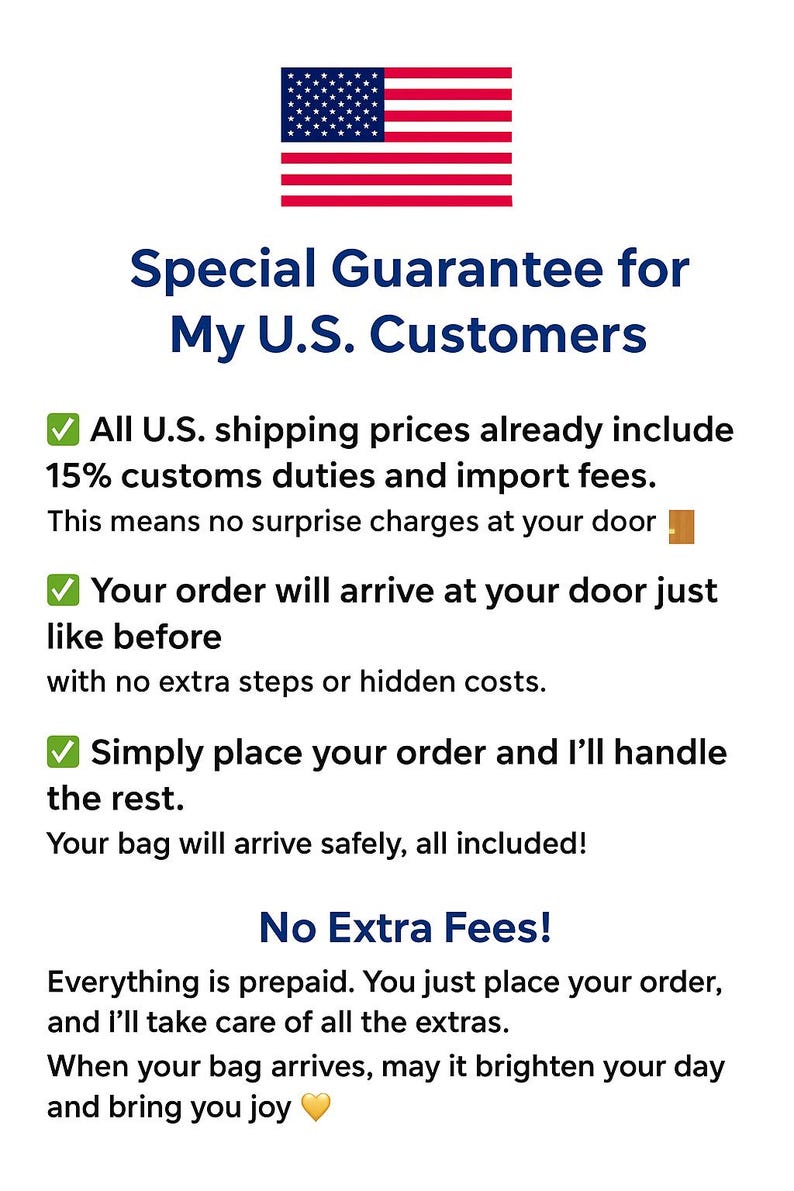 May include: Image with the American flag at the top, followed by text: "Special Guarantee for My U.S. Customers." The text explains that U.S. shipping prices include customs duties and import fees, with no extra charges. The order arrives as usual.