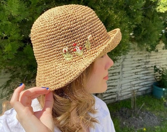 Cappello da sole in rafia fatto a mano all'uncinetto: cappello da spiaggia boho a tesa larga, regali di Natale convenienti