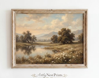 Vintage Landscape Print, Serene Lake Scene, Neutral Nature Wall Art, Rustic Farmhouse Decor (Digital Download)