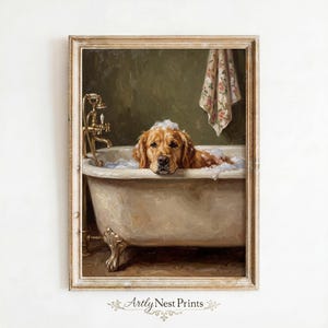 Golden Retriever i badkarstryck, antik hundmålning, rustik badrumsväggkonst, stugdekor, digital nedladdning