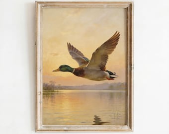 Vintage Mallard Duck Flying Print, Rustic Wildlife Sunset Landscape Wall Art (Digital Download)