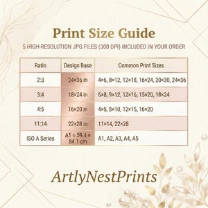 May include: Print size guide with common print sizes and ratios, including 2:3, 3:4, 4:5, and 11:14. The guide also lists ISO A series sizes, such as A1 (59.4 x 84.1 cm). The image includes the text "ArtlyNestPrints".