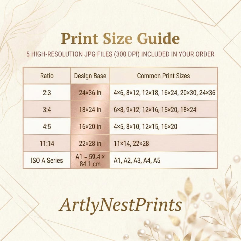 May include: Print size guide with common print sizes and ratios, including 2:3, 3:4, 4:5, and 11:14. The guide also lists ISO A series sizes, such as A1 (59.4 x 84.1 cm). The image includes the text "ArtlyNestPrints".