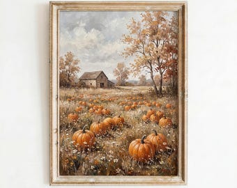 Vintage Pumpkin Patch Wall Art, Rustic Autumn Farmhouse Print, Fall Landscape Painting, Cozy Country Decor (Digital Download)