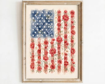 Floral American Flag Wall Art, Patriotic Watercolor Flowers Flag, 4th of July Decor (Digital Download)