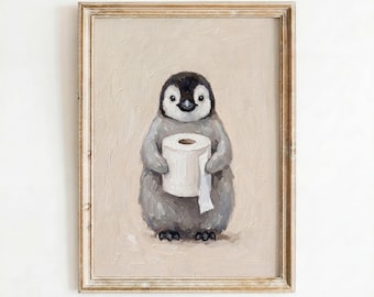 Penguin Toilet Paper Art Print, Funny Bathroom Wall Decor, Whimsical Nursery Art (Digital Download)