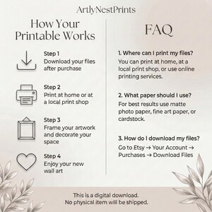 May include: A digital download guide from ArtlyNestPrints, detailing how to download, print, and frame wall art. Includes FAQs about printing options and paper recommendations. The text is in black on a light beige background with floral accents.