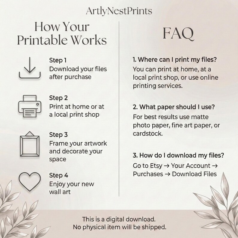 May include: A digital download guide from ArtlyNestPrints, detailing how to download, print, and frame wall art. Includes FAQs about printing options and paper recommendations. The text is in black on a light beige background with floral accents.