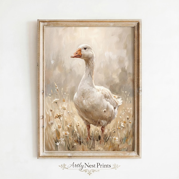 Vintage gansschilderij, neutrale boerderijdieren muurkunst, rustiek decor gans (digitale download)