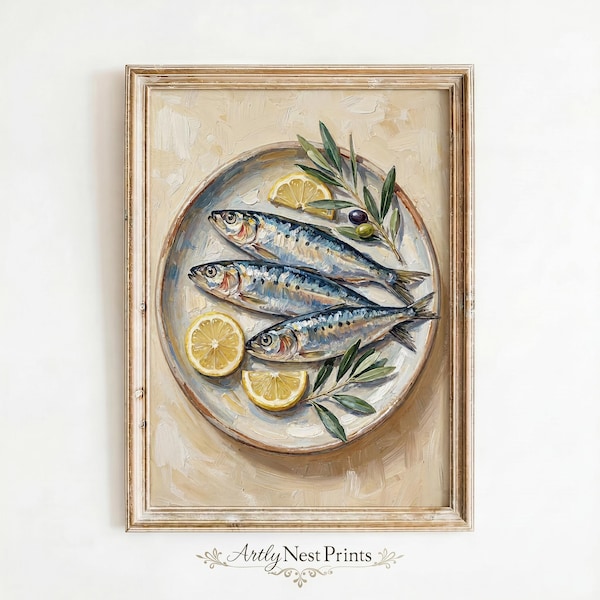 Vintage Sardine Still Life Print, Mediterranean Kitchen Decor, Coastal Fish Painting (Digital Download)