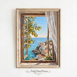 May include: A framed painting depicts a coastal Italian scene viewed through a wooden window. A lemon tree with yellow fruit is visible. The window reveals a blue sea, white buildings, and a sheer curtain.