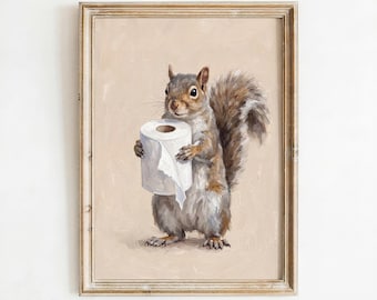 Squirrel Toilet Paper Art Print, Whimsical Animal Painting, Funny Bathroom Wall Decor (Digital Download)