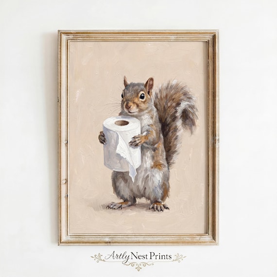 Squirrel Toilet Paper Art Print, Whimsical Animal Painting, Funny Bathroom Wall Decor (Digital Download)