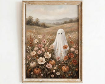 Cute Ghost in Wildflowers Print, Vintage Halloween Wall Art, Cozy Autumn Pumpkin Decor, Printable Fall Artwork (Digital Download)