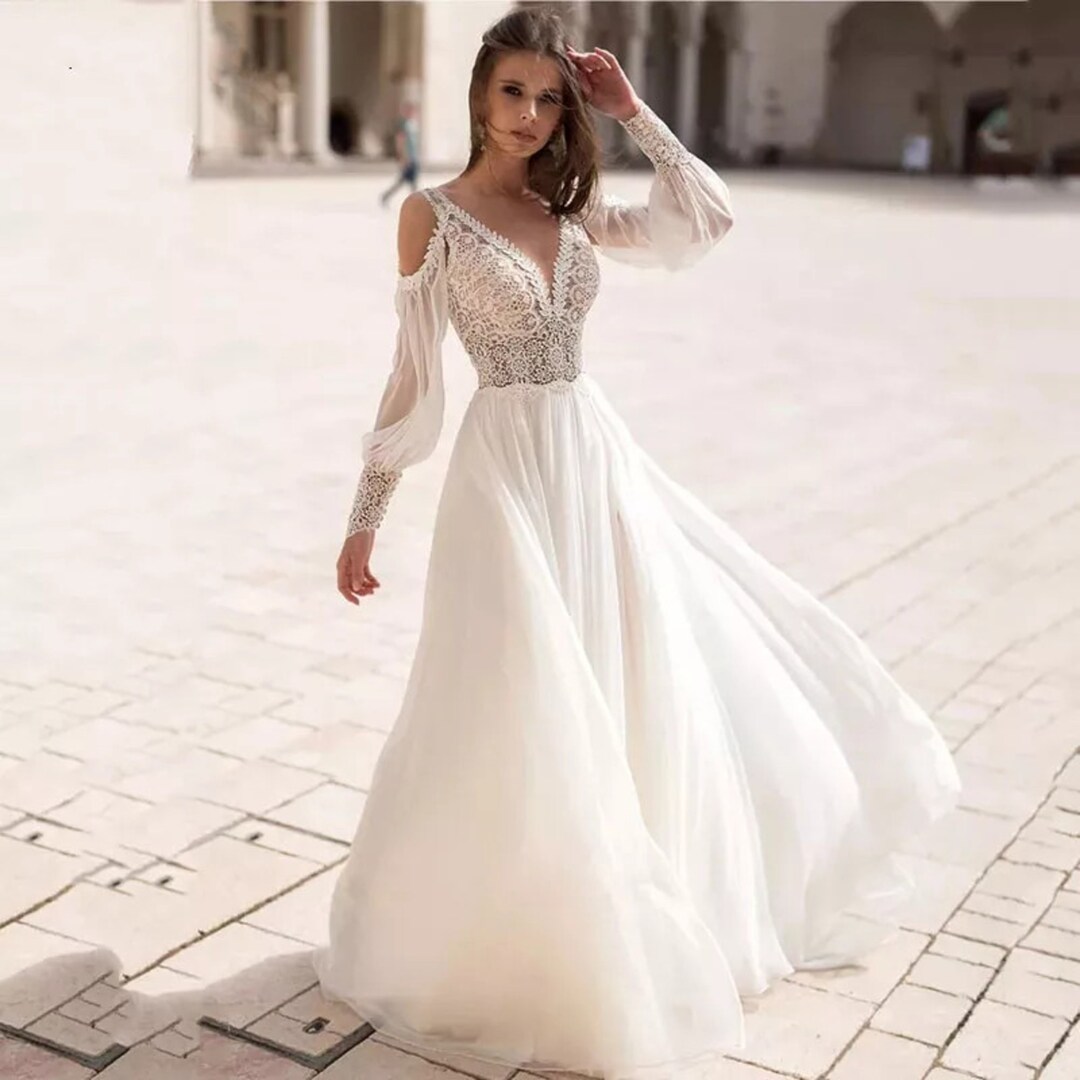 Beach Chiffon Wedding Dresses Detachable Puff Sleeves V Neck - Etsy