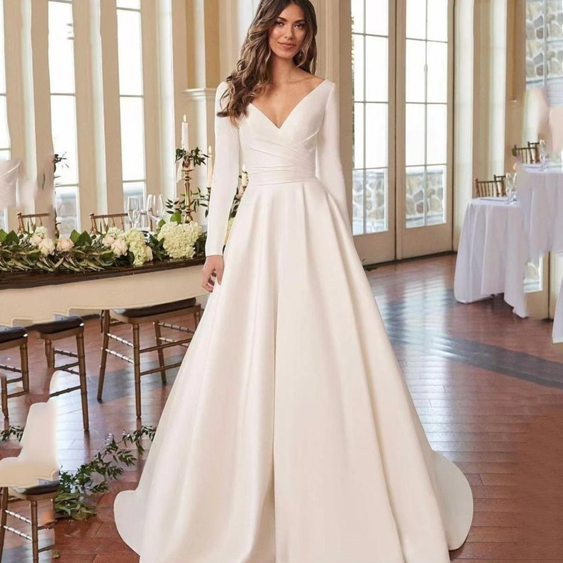 Elegant V-neck Satin Wedding Dresses Simple Long Sleeves - Etsy