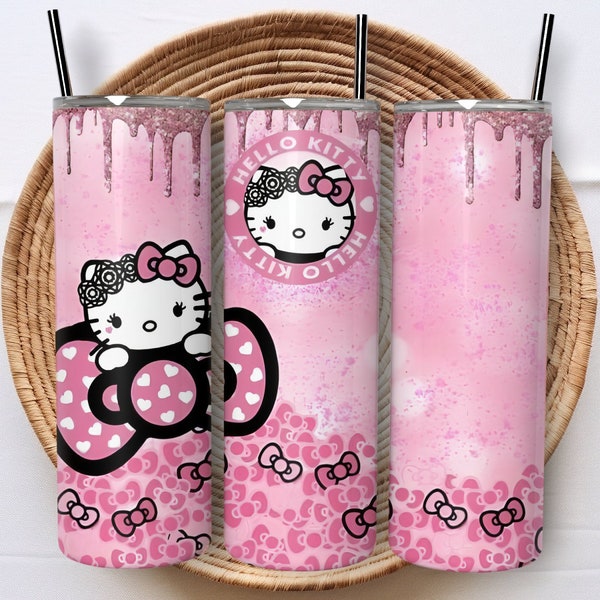Kitty Tumbler Wrap | Cute Kawaii Cat Sublimation Design | Hello Kitten Sublimate Cup Designs | 20oz Skinny Tumblers Glitter Digital Art Png