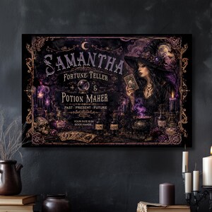 May include: A rectangular wall art print featuring a witch in a hat holding a tarot card, with the text SAMANTHA FORTUNE TELLER & POTION MAKER, PAST PRESENT FUTURE, and YOUR FATE IS IN GOOD HANDS, surrounded by skulls, candles, and potion bottles.