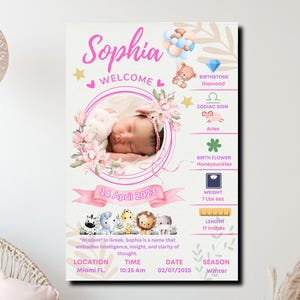Regalo personalizado para baby shower, carta natal, lienzo, arte de pared, estadísticas personalizadas para recién nacidos, signo del zodíaco, significado del nombre, flor de nacimiento, decoración de guardería, lienzo
