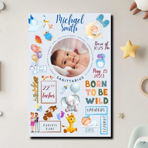 Nom personnalisé bébé thème naissance toile statistiques nouveau-né personnalisées art mural signe du zodiaque chambre de bébé décoration murale chambre bébé nouveau cadeau de shower de bébé thème