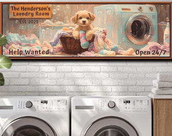May include: A colorful painting of a laundry room with a dog sitting in a basket. The sign above the dog reads "The Henderson's Laundry Room Est. 2025 Help Wanted Open 24/7".