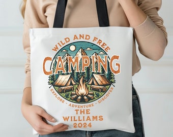 Borsa tote personalizzata per la famiglia Double Side, Avventura in campeggio all'aperto, Nome personalizzato per la famiglia Amante della natura, Amante degli animali domestici, Vacanza in famiglia in campeggio