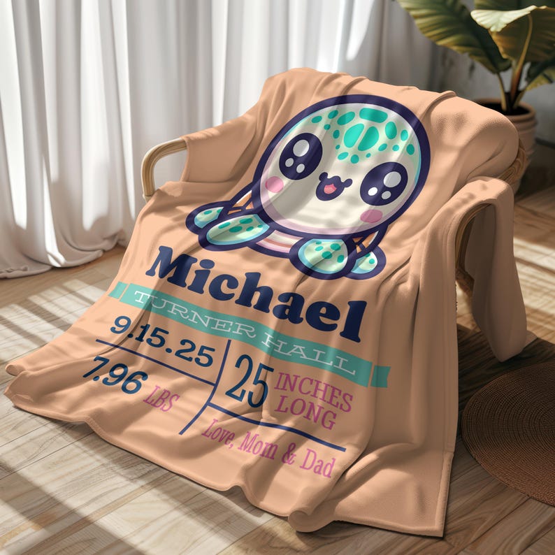 Personalized Baby Blanket: Turtle Design, Custom Name & Birth Details ...