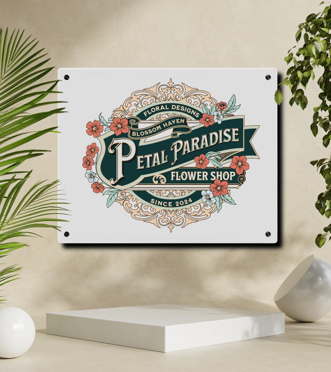 アクリル壁アートパネルヴィンテージフラワーショップサイン：花のロゴ