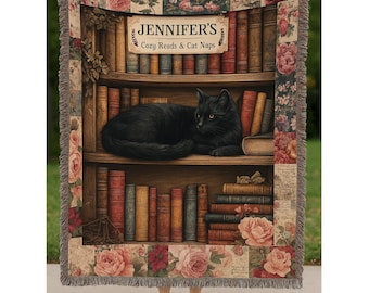 Personalized Book Lover Woven Blanket: Cat & Bookshelf Throw