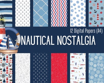 May include: Twelve digital papers in A4 size with nautical themes. The papers feature various patterns including stripes, anchors, ropes, waves, polka dots, lighthouses, and ship wheels. The papers are perfect for scrapbooking, card making, and other craft projects.