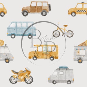 Op de afbeelding: Een aquarel-illustratie van verschillende voertuigen, waaronder een schoolbus, een taxi, een motorfiets, een bestelwagen en een vrachtwagen. De illustratie is in een grillige stijl met een lichtblauwe, gele en bruine kleurenpalet.
