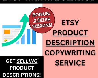以下が含まれることがあります： Etsyのライティングサービスの広告。画像には、上部に「ETSY WRITING SERVICE」というテキストがあり、中央に「ETSY PRODUCT DESCRIPTION COPYWRITING SERVICE」という言葉があります。上向きの矢印が付いたグラフのグラフィックが含まれています。