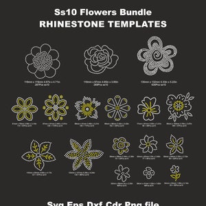 May include: A set of 12 rhinestone templates for creating flower designs. The templates are in various sizes and styles, ranging from 3.5 cm to 13.5 cm. The templates are labeled with the size and number of rhinestones needed for each design.