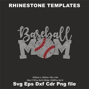 May include: Rhinestone template design for a baseball mum. The design features the words "Baseball Mum" with a baseball in the middle. The design is 10 inches by 6 inches and requires 111 red rhinestones and 1306 white rhinestones.
