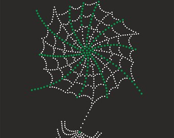 May include: A stylized spider web design composed of white and green dots on a dark gray background. The web features a central circular pattern and radiating lines, with a spider-like shape at the bottom.