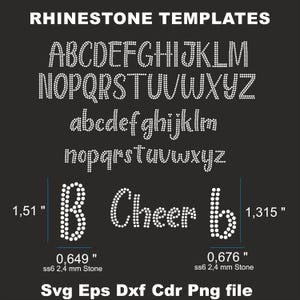 May include: A black background displays rhinestone templates in uppercase and lowercase letters. The image includes the word "Cheer" and the letter "B" in a rhinestone design. Measurements are in inches.