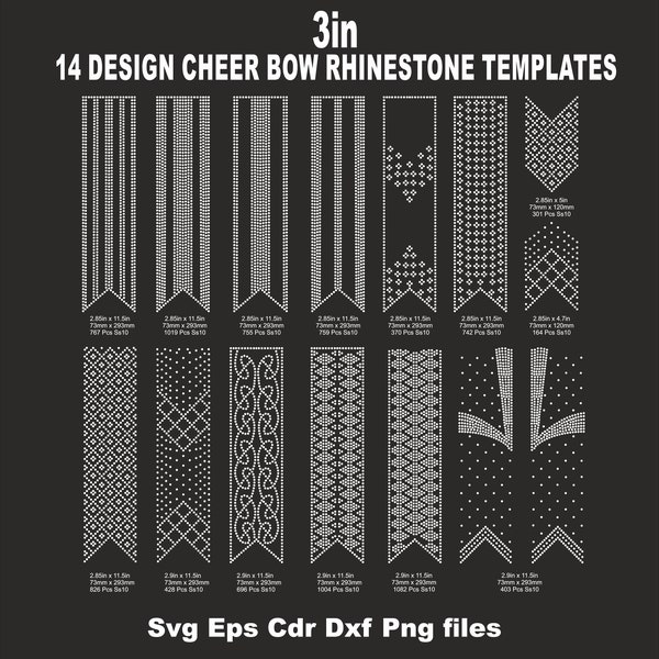 14 Cheer Bow 3 inch Rhinestone Templates, ss10 rhinestones, V tail, 3 inch, various patterns, digital download, svg, eps, png, dxf