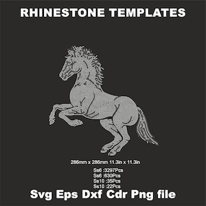 May include: A rhinestone template of a horse in a rearing pose. The template is 11.3 inches by 11.3 inches and is available in SVG, EPS, DXF, CDR, and PNG file formats. The template is designed for use with rhinestones in sizes 6 and 10.