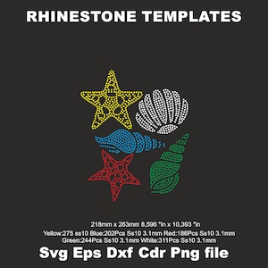 Puede incluir: Plantillas de pedrería con una estrella de mar amarilla, una concha blanca, una caracola azul, una estrella de mar roja y una caracola verde. El texto en la parte superior dice "RHINESTONE TEMPLATES". El texto inferior dice "Svg Eps Dxf Cdr Png file".