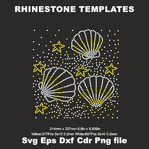 Puede incluir: Fondo negro con el texto "RHINESTONE TEMPLATES". El diseño presenta tres formas de conchas marinas y estrellas hechas de puntos amarillos y blancos. Las dimensiones son 214 mm x 227 mm.
