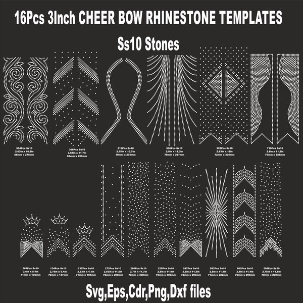 16 Cheer Bow 3 inch Rhinestone Templates, ss10 rhinestones, V tail, 3 inch, various patterns, digital download, svg, eps, png, dxf