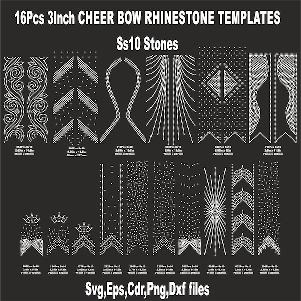 16 Schleifen 3 zoll Strass Vorlagen, ss10 Strasssteine, V tail, 3 zoll, verschiedene Muster, digitaler download, svg, eps, png, dxf