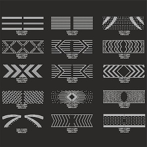 May include: A set of 12 rhinestone designs for clothing or crafts. The designs are made of white rhinestones and are arranged in various geometric patterns. The designs are shown on a black background.