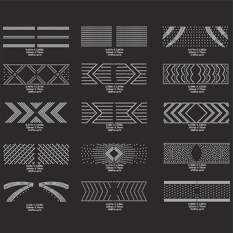 May include: A set of 12 rhinestone designs for clothing or crafts. The designs are made of white rhinestones and are arranged in various geometric patterns. The designs are shown on a black background.