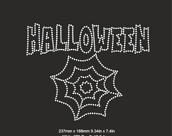 May include: A black background features the text "RHINESTONE TEMPLATES" at the top. Below, the word "HALLOWEEN" is spelled out in white rhinestones above a white rhinestone spiderweb design. The image includes size and file type information.