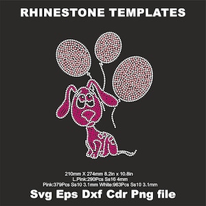 May include: A pink dog with a pink heart on its chest holding three pink balloons with white dots. The image is a rhinestone template for a craft project. The template is 8.2 inches by 10.8 inches.