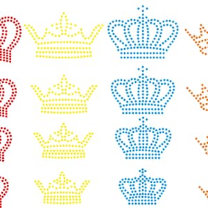 May include: Set of 12 crown designs in red, yellow, and blue. Each crown is made of small circles, creating a dotted pattern.
