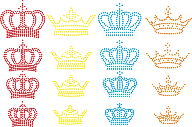 May include: Set of 12 crown designs in red, yellow, and blue. Each crown is made of small circles, creating a dotted pattern.