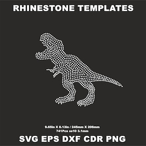 May include: A white rhinestone template of a dinosaur, 9.65 inches by 8.13 inches, with 741 rhinestones, size 10, 3.1 mm. SVG, EPS, DXF, CDR, and PNG file formats are available. Rhinestone Templates.
