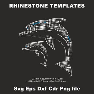 Puede incluir: Plantilla de diamantes de imitación de dos delfines, uno saltando sobre el otro. El diseño mide 9,4 pulgadas por 10,3 pulgadas y utiliza 1162 diamantes de imitación SS10 y 16 diamantes de imitación SS16. Archivo Svg Eps Dxf Cdr Png.